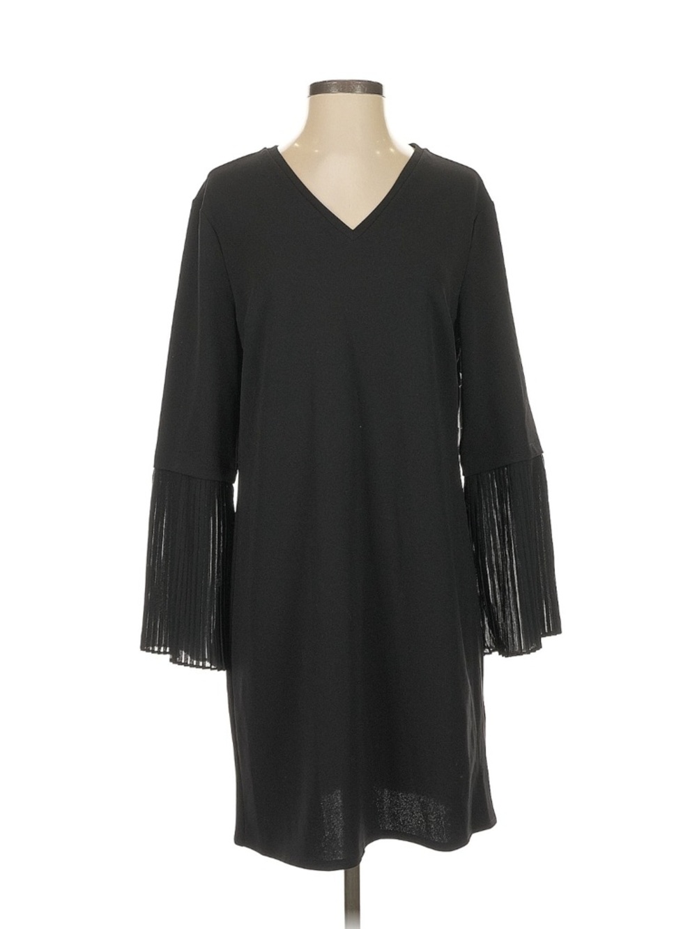 H by Halston Black V-Neck Mini Dress with Pleated Bell Sleeves